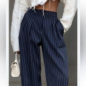 Commense Navy Pinstripe Wide-Leg Trousers